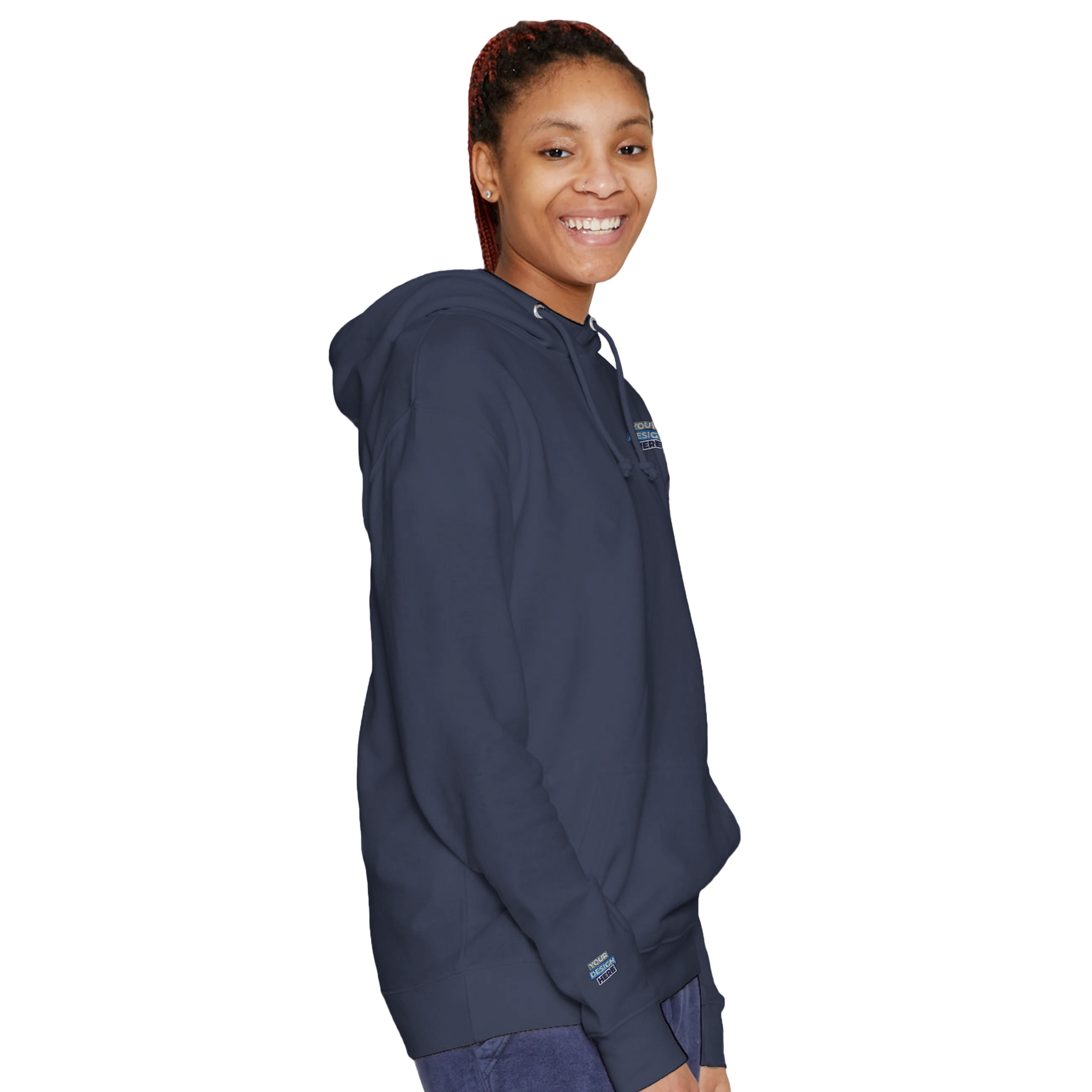 Person wearing an Elmoré Premium Pullover Hoodie in navy blue, showcasing mid-weight design with kangaroo pocket and tonal drawcords.