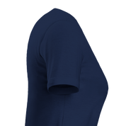 Side view of navy blue cropped Virelle Cotton Tee with ribbed collar and cuff details, highlighting relaxed, durable jersey fabric.