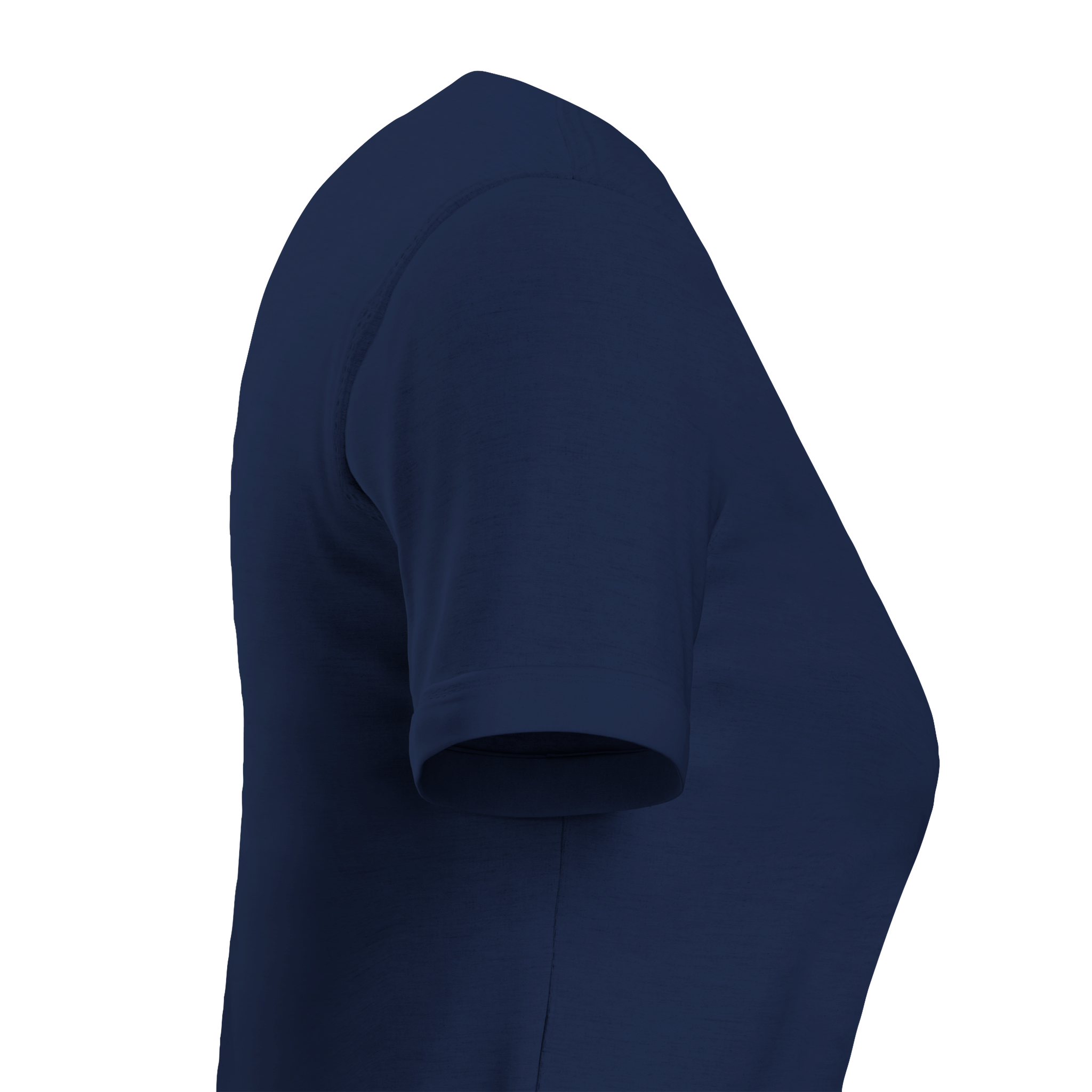 Side view of navy blue cropped Virelle Cotton Tee with ribbed collar and cuff details, highlighting relaxed, durable jersey fabric.