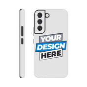 Print on demand gloss tough phone case for Samsung with custom design option, dual-layer protection, and wireless charging compatibility.