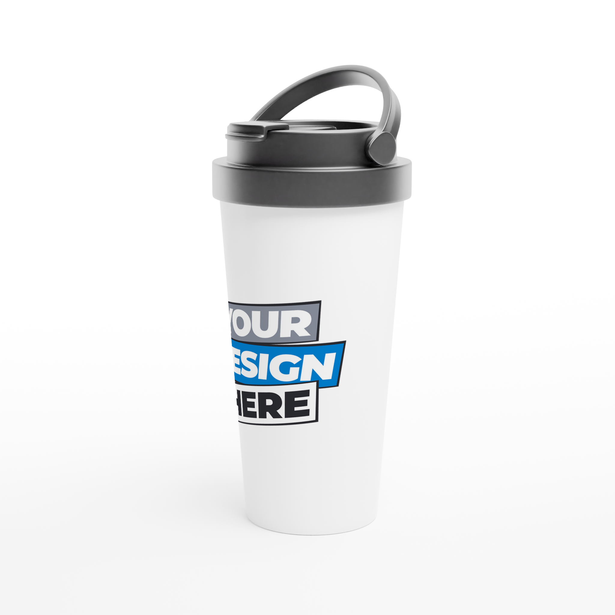 15oz stainless steel travel mug with double-wall insulation, sleek white design, and customizable surface. Perfect for on-the-go use.