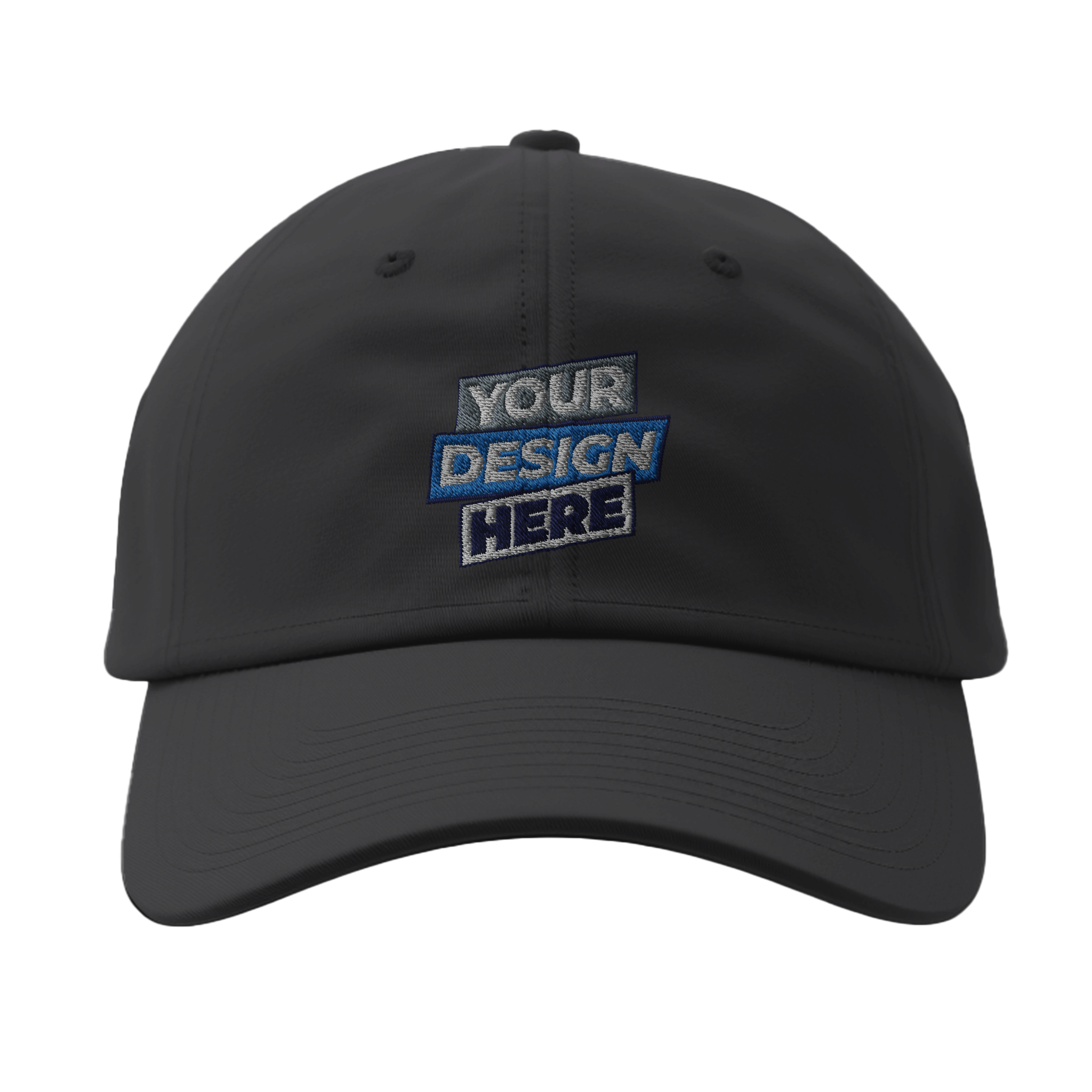 Customizable Flexfit 6277 fitted baseball cap with curved visor, featuring 'Your Design Here' text, stylish and comfortable fit.