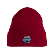 EcoSoft organic cotton beanie in red with customizable front design, showcasing sustainable comfort and style, ideal for eco-friendly fashion.