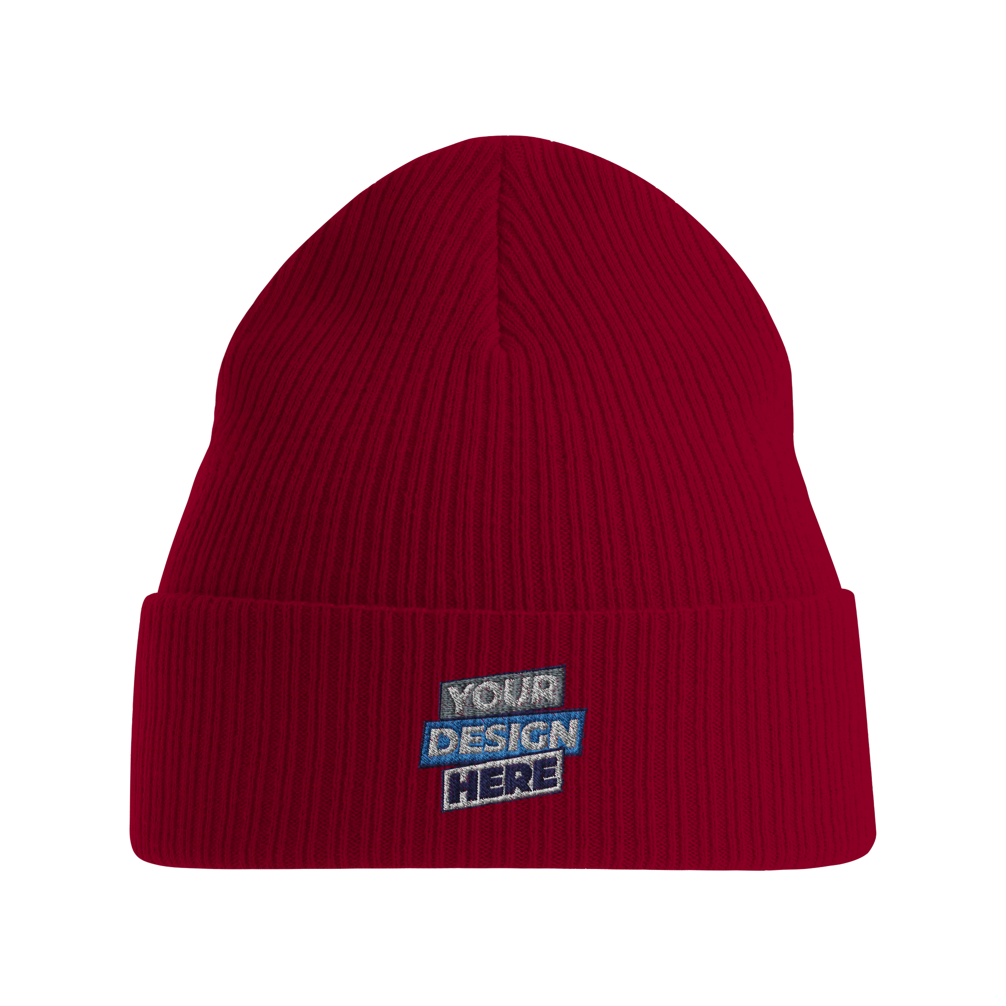 EcoSoft organic cotton beanie in red with customizable front design, showcasing sustainable comfort and style, ideal for eco-friendly fashion.