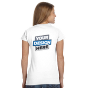 Woman wearing customizable Zalmera cotton t-shirt with 'Your Design Here' print on back, showcasing print on demand feature.