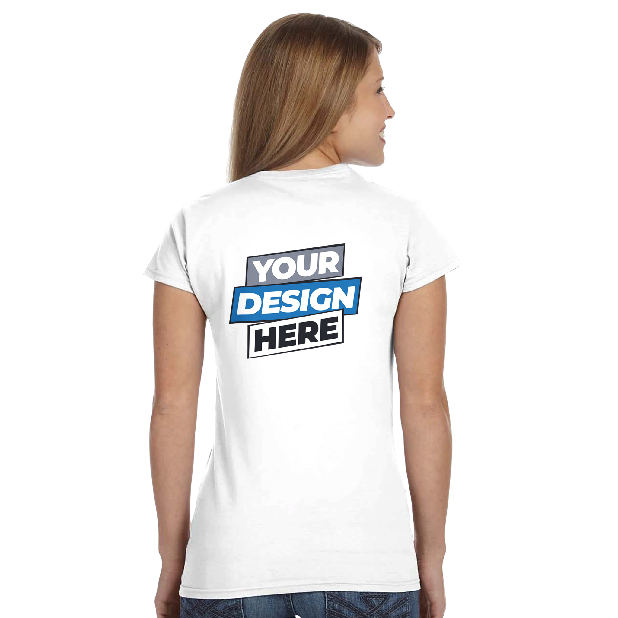 Woman wearing customizable Zalmera cotton t-shirt with 'Your Design Here' print on back, showcasing print on demand feature.