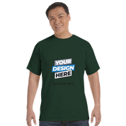 Man wearing dark green Durmor heavyweight T-shirt with customizable design