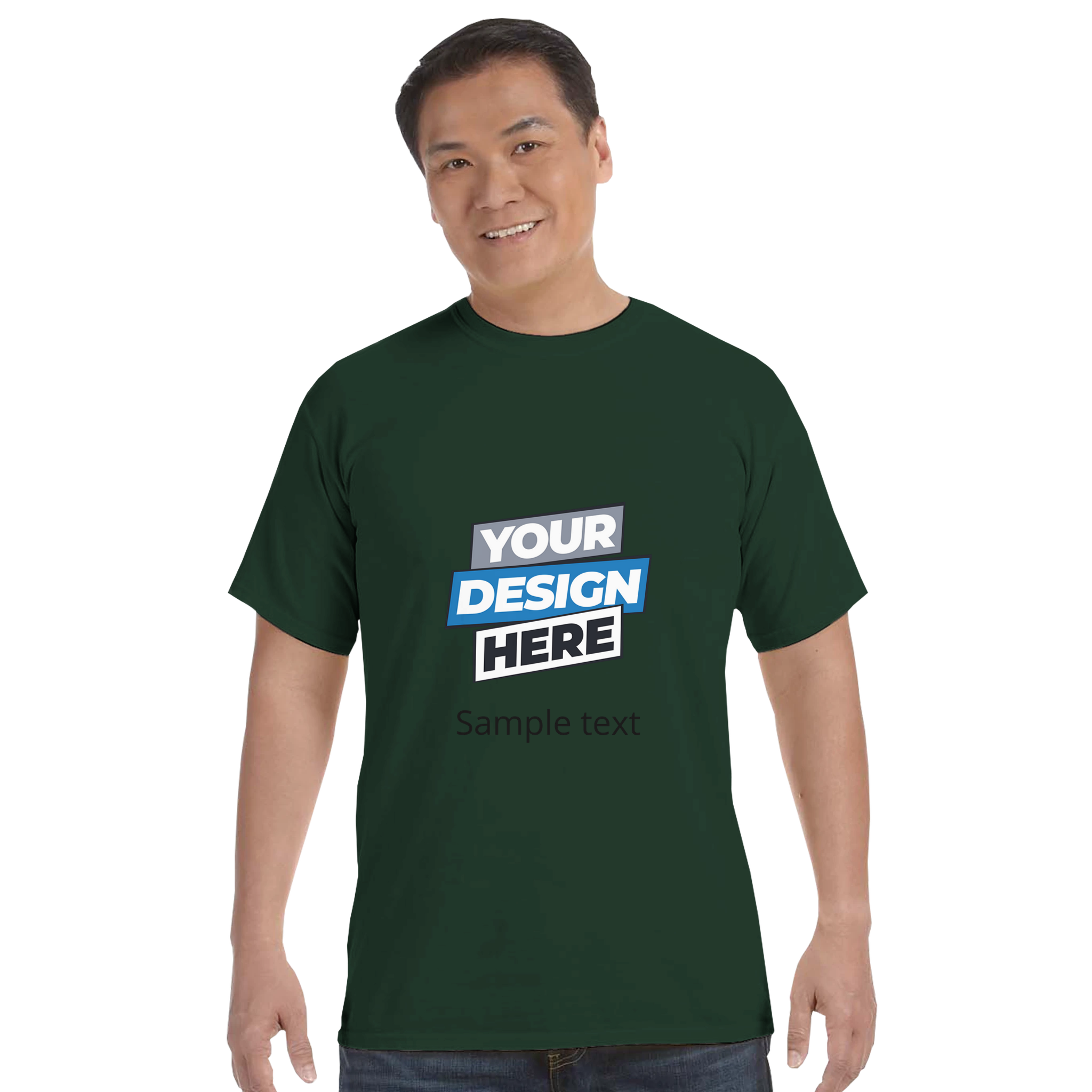 Man wearing dark green Durmor heavyweight T-shirt with customizable design