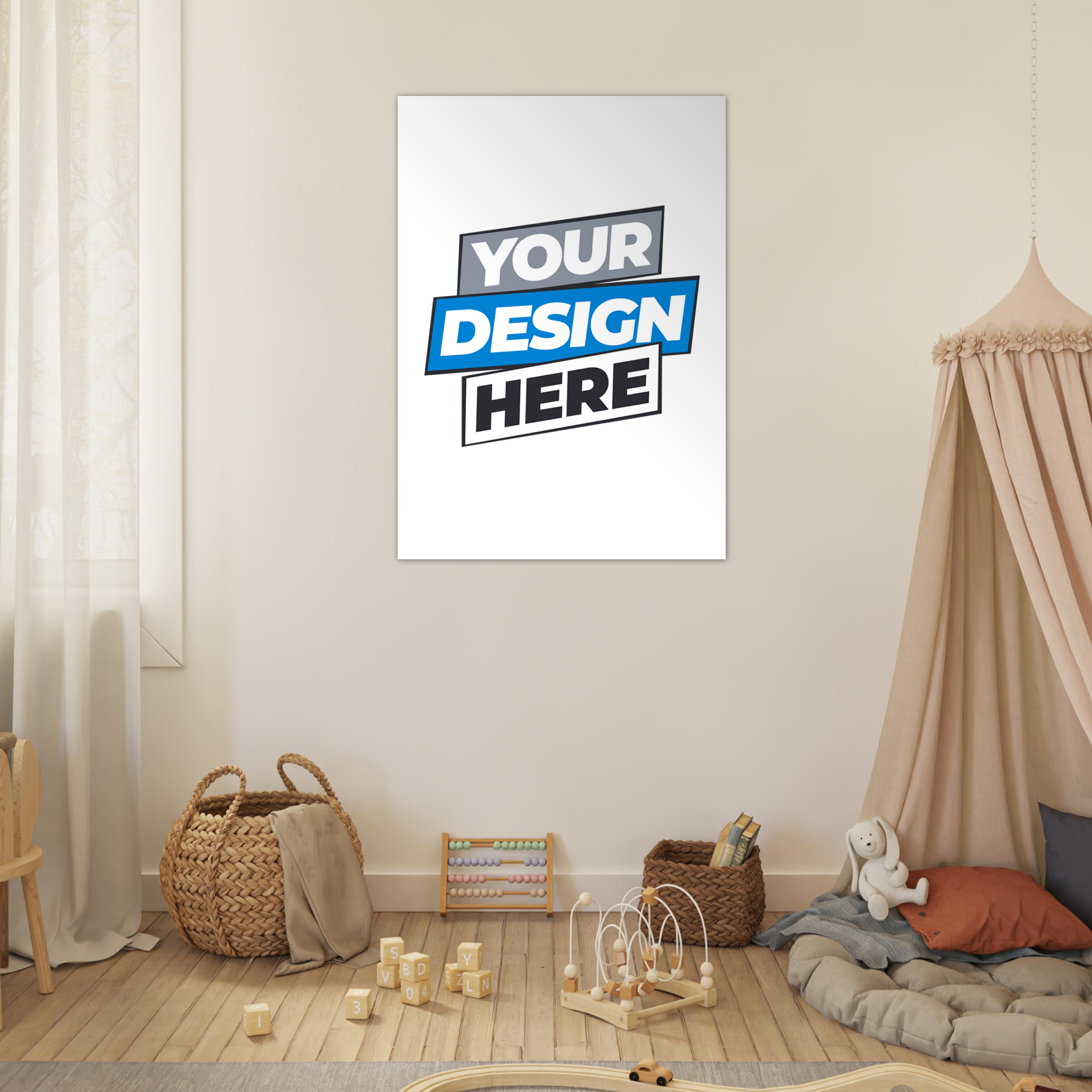 Cozy room with a blank fine art poster on the wall, perfect for showcasing your design; features smooth matte finish and vivid colors.