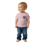 Baby wearing a pink Leoni Cotton Baby Tee with "Your Design Here" text, classic crewneck, showcasing print-on-demand customization options.