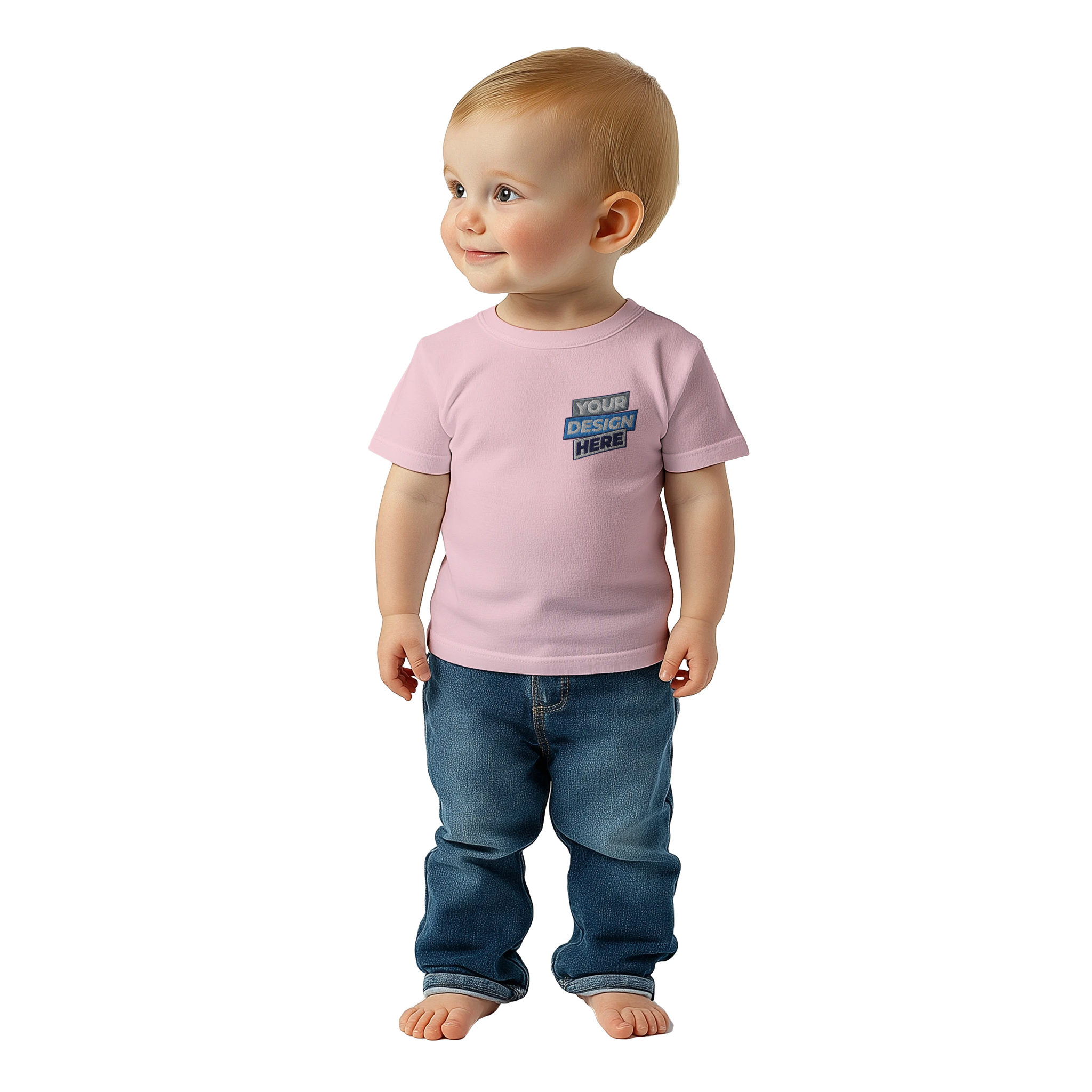 Baby wearing a pink Leoni Cotton Baby Tee with "Your Design Here" text, classic crewneck, showcasing print-on-demand customization options.