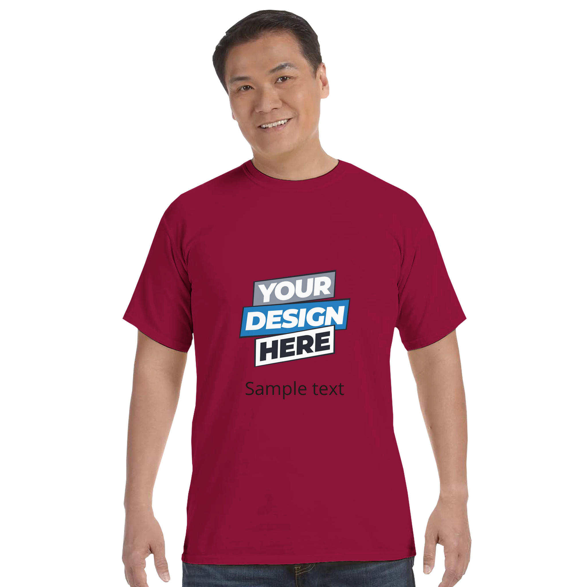 Person wearing a maroon Print on Demand Durmor heavyweight T-shirt with "Your Design Here" print, showcasing custom design option.