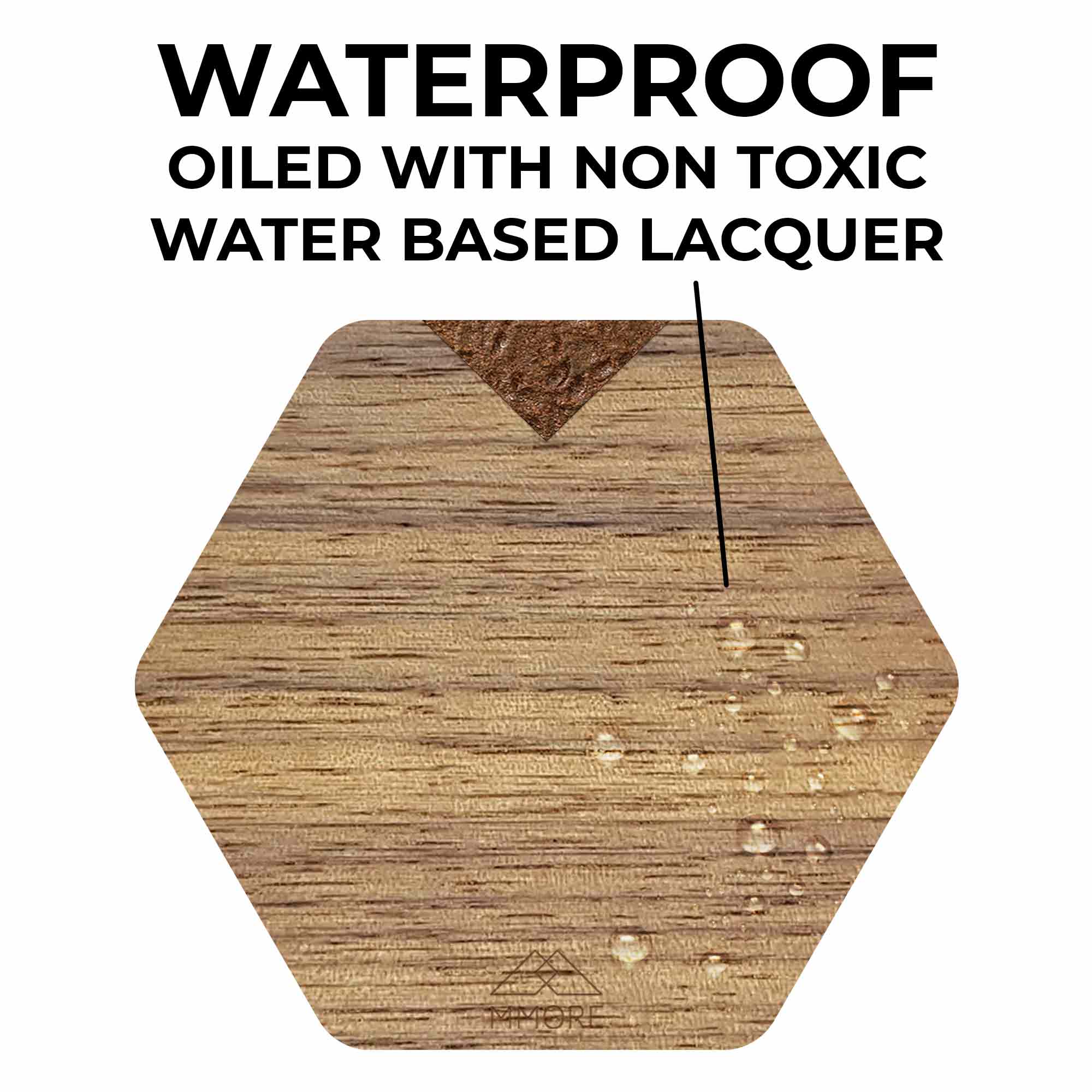 Hexagonal walnut wood coaster with water droplets, showcasing waterproof, non-toxic lacquer finish.