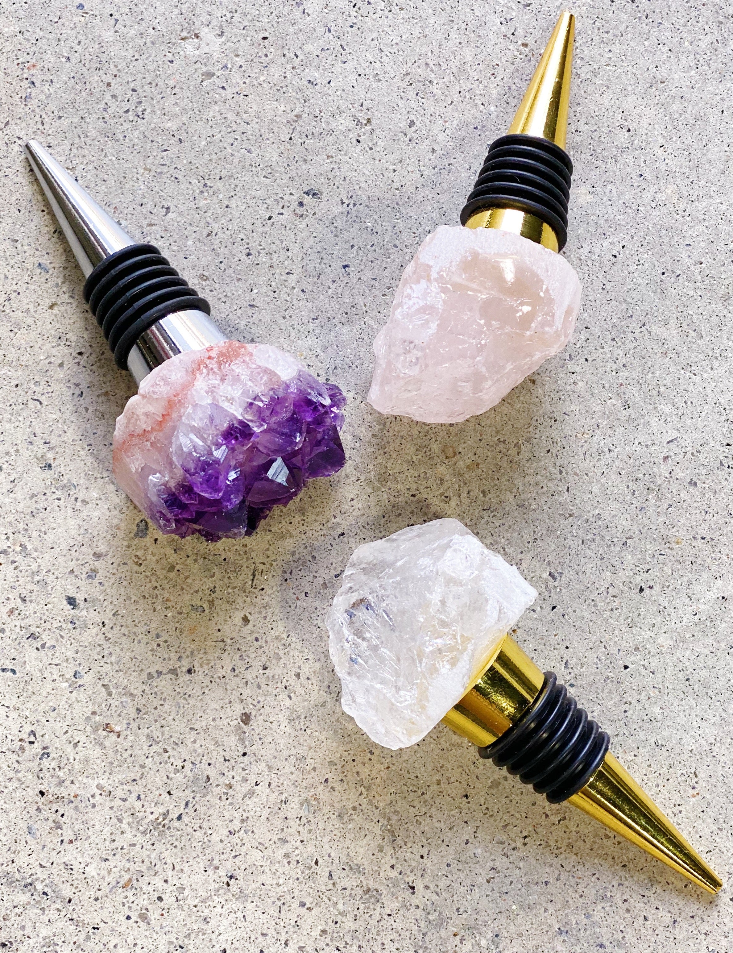 Nature's Stone Wine Stopper with semi-precious stones, showcasing raw elegance and handcrafted beauty, perfect for wine connoisseurs.
