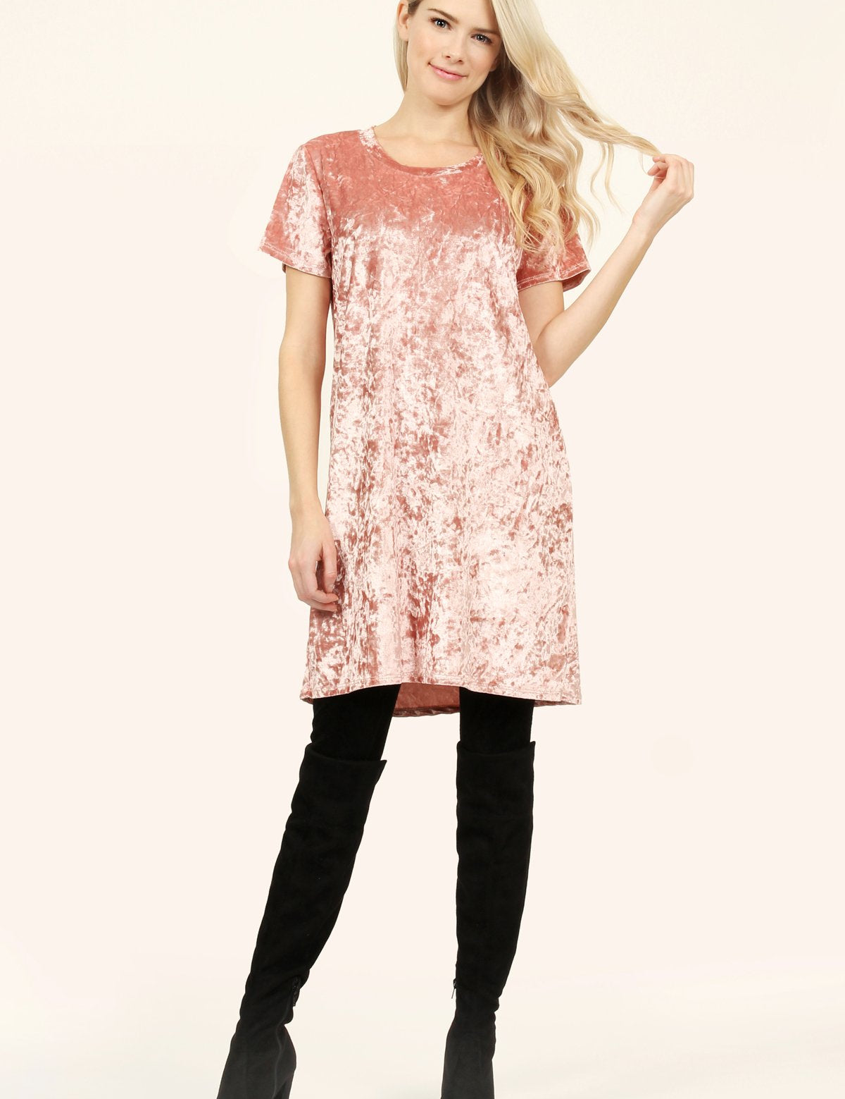 Rose Calyn Crushed Velvet Tunic Dress with black over-the-knee boots, featuring a crew neckline and short sleeves.
