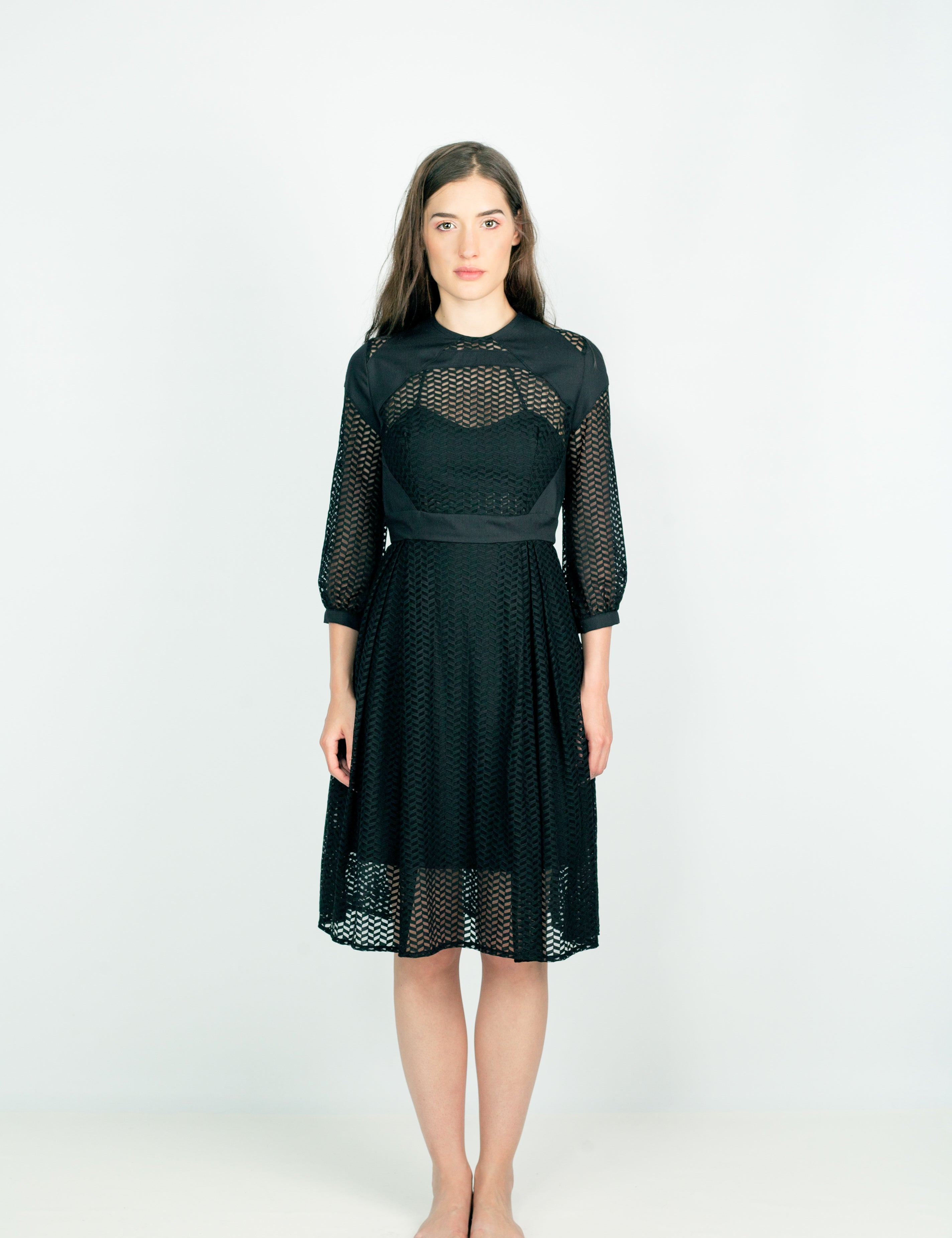 Model wearing Lixell Mesh-Panel Dress with airy polyamide mesh panels and covered button neckline, showcasing elegant transparency and style.
