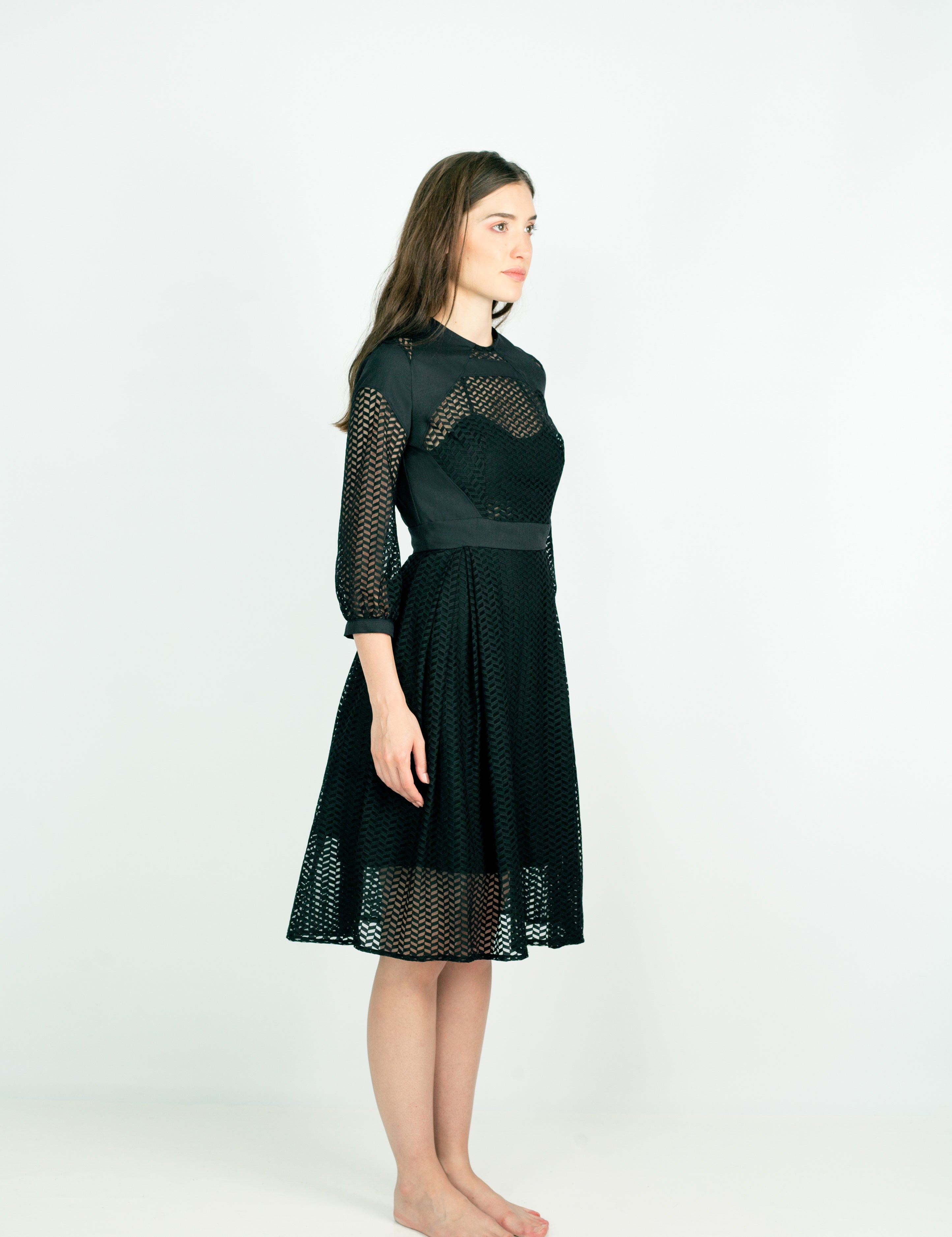 Side view of Lixell Mesh-Panel Dress with sheer polyamide panels and covered buttons, showcasing elegant design and airy texture.