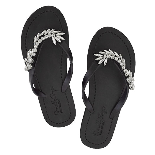 Nomad rhinestone flat flip flops sandal with embroidered crystal motifs and cushioned surface, handmade in New York.