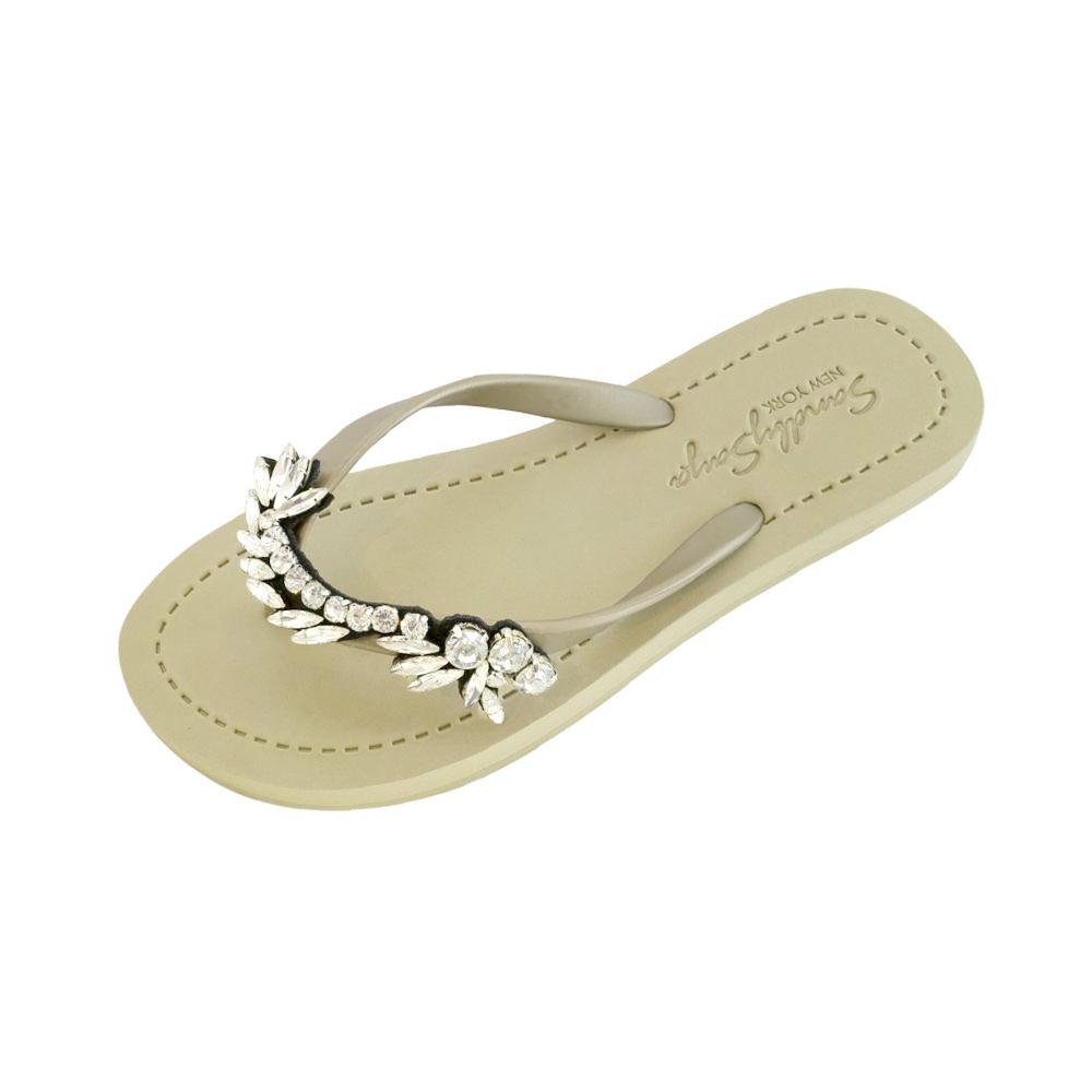 Alt Tag: Nomad rhinestone flat flip flops sandal with vintage crystal motifs, comfortable cushioned surface, handmade in New York