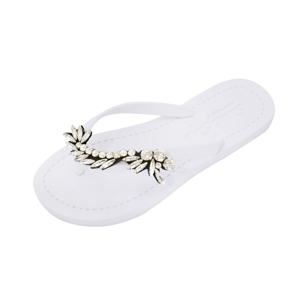 Nomad rhinestone flip flops sandal, women's crystal vintage style, handmade, white, comfortable flat, US 5-10, New York.