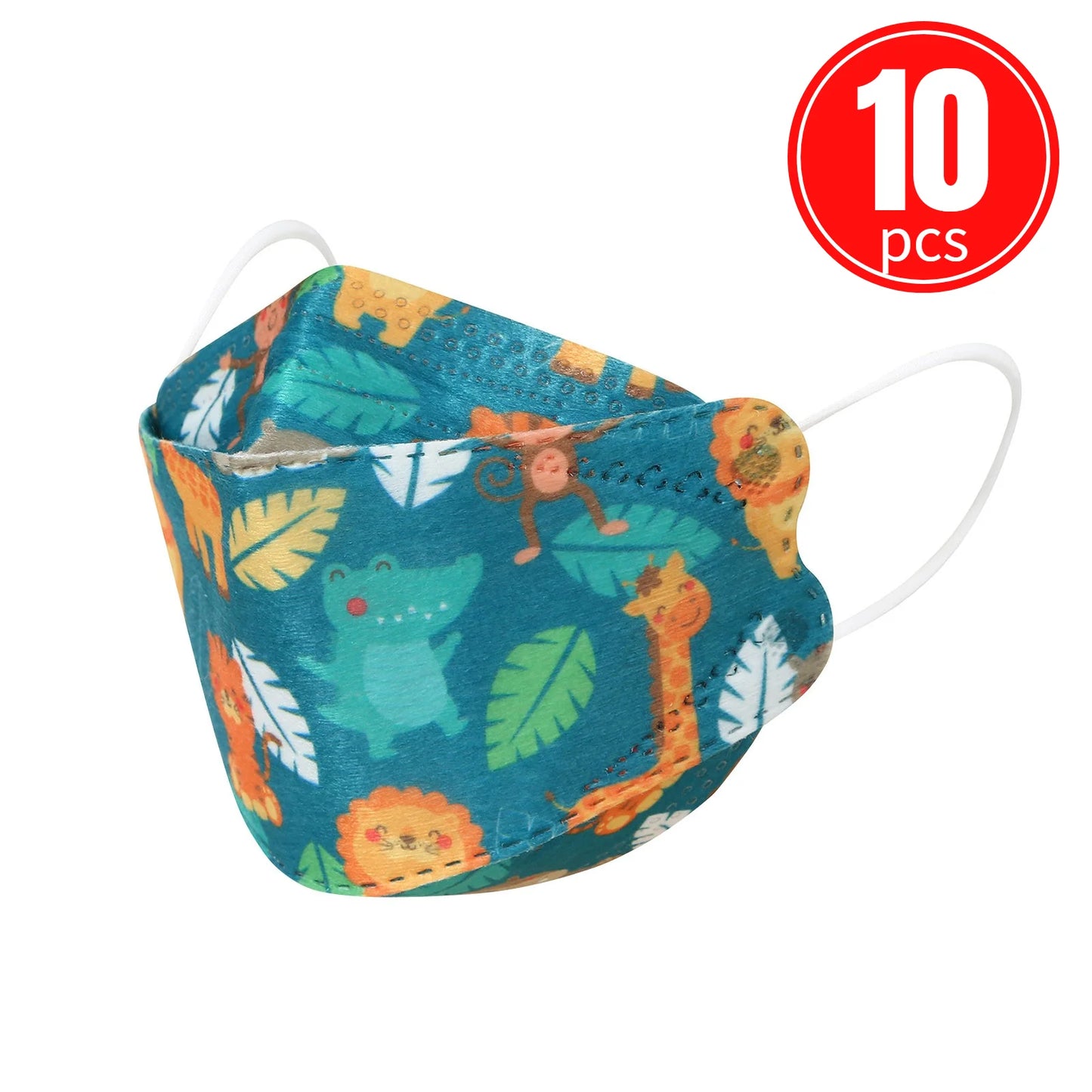 Children's KN95 mask with colorful cartoon prints of dinosaurs and leaves, 10 pack.