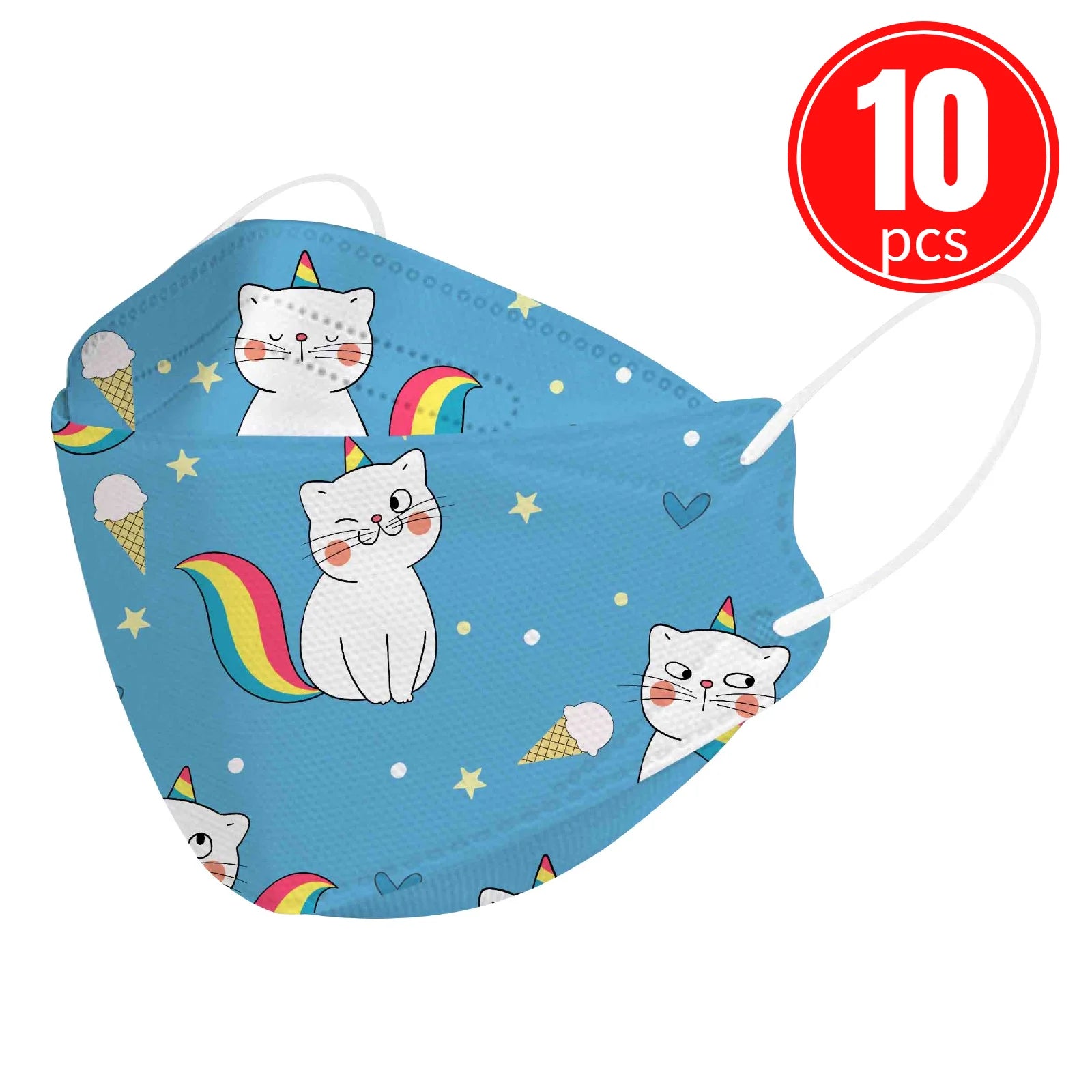 Kids KN95 mask with cute cat and rainbow print, pack of 10, designed for comfort and fun.