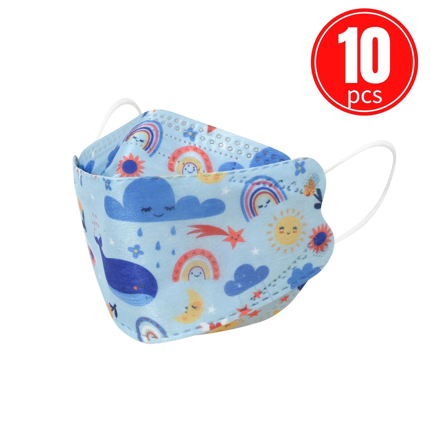 Kids KN95 mask with rainbow and sun print, set of 10 pieces, for effective and comfortable protection.