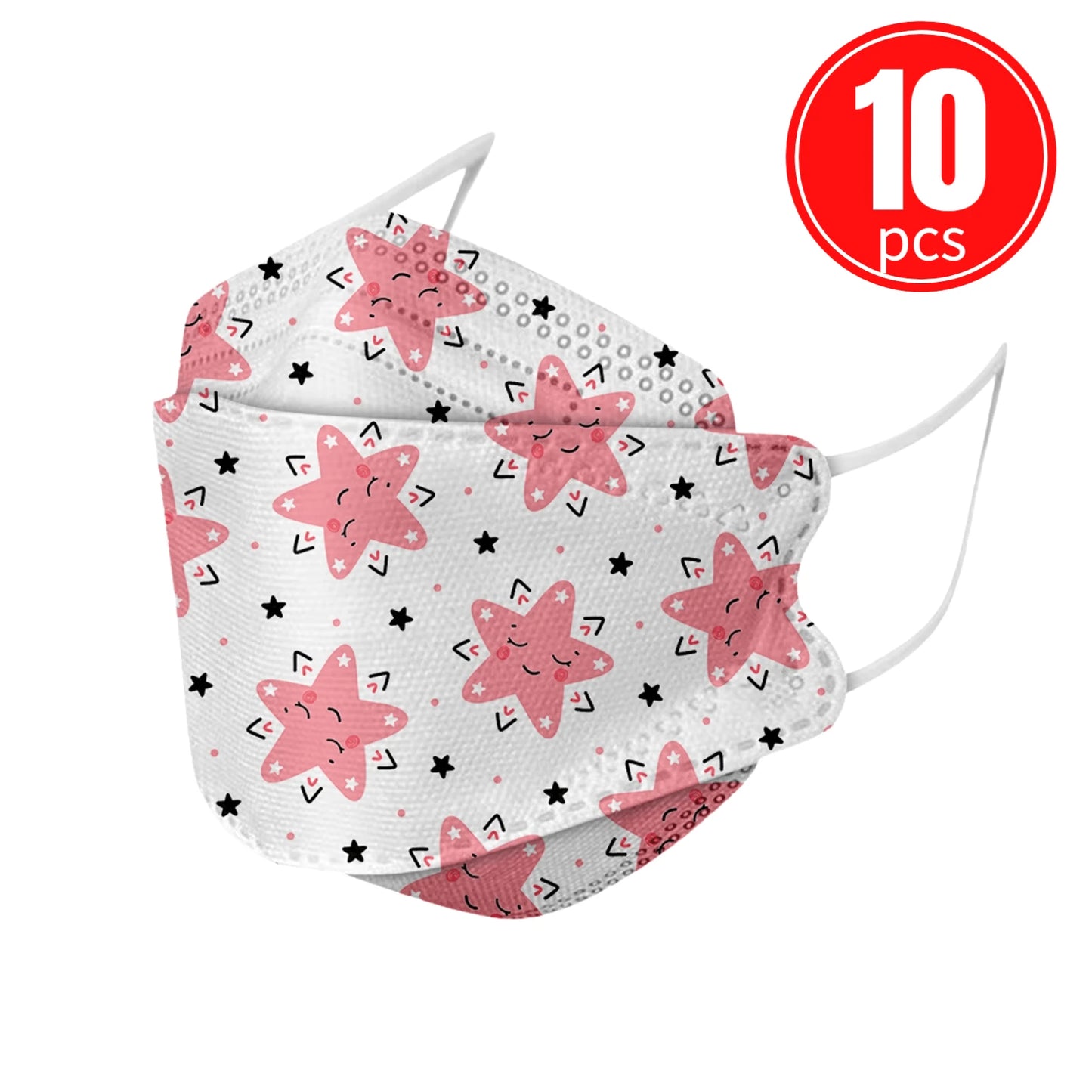 Kids KN95 mask with pink star pattern, 10 pack, designed for comfort and safety.