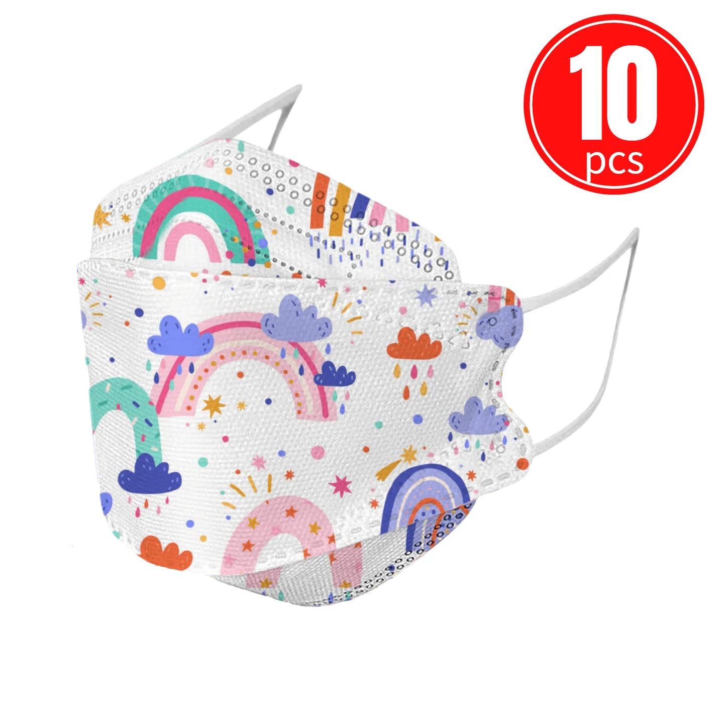 Kids fun cartoon KN95 masks with rainbow print, pack of 10, colorful and comfortable for children.