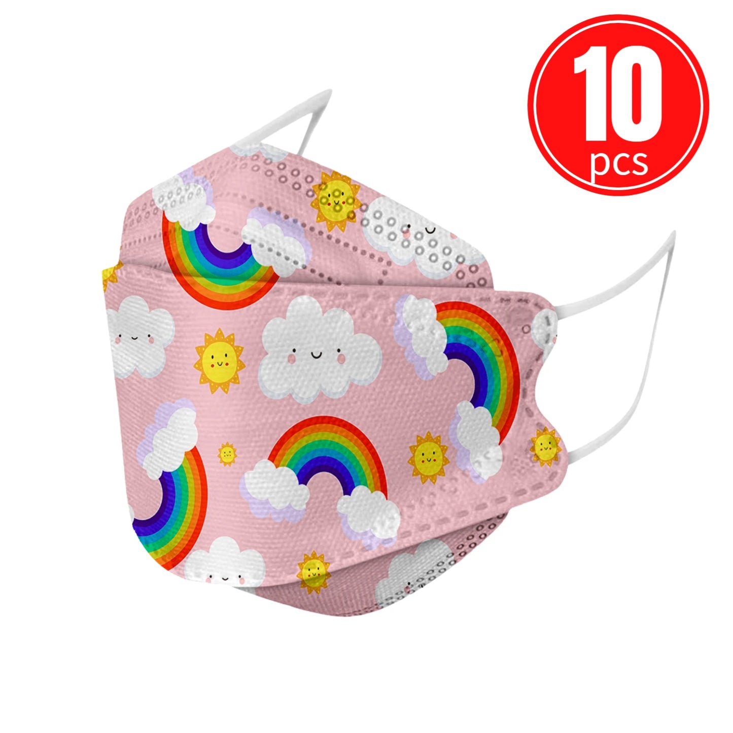 Pink KN95 kids mask with rainbow, cloud, and sun print, pack of 10, for comfortable and fun protection.