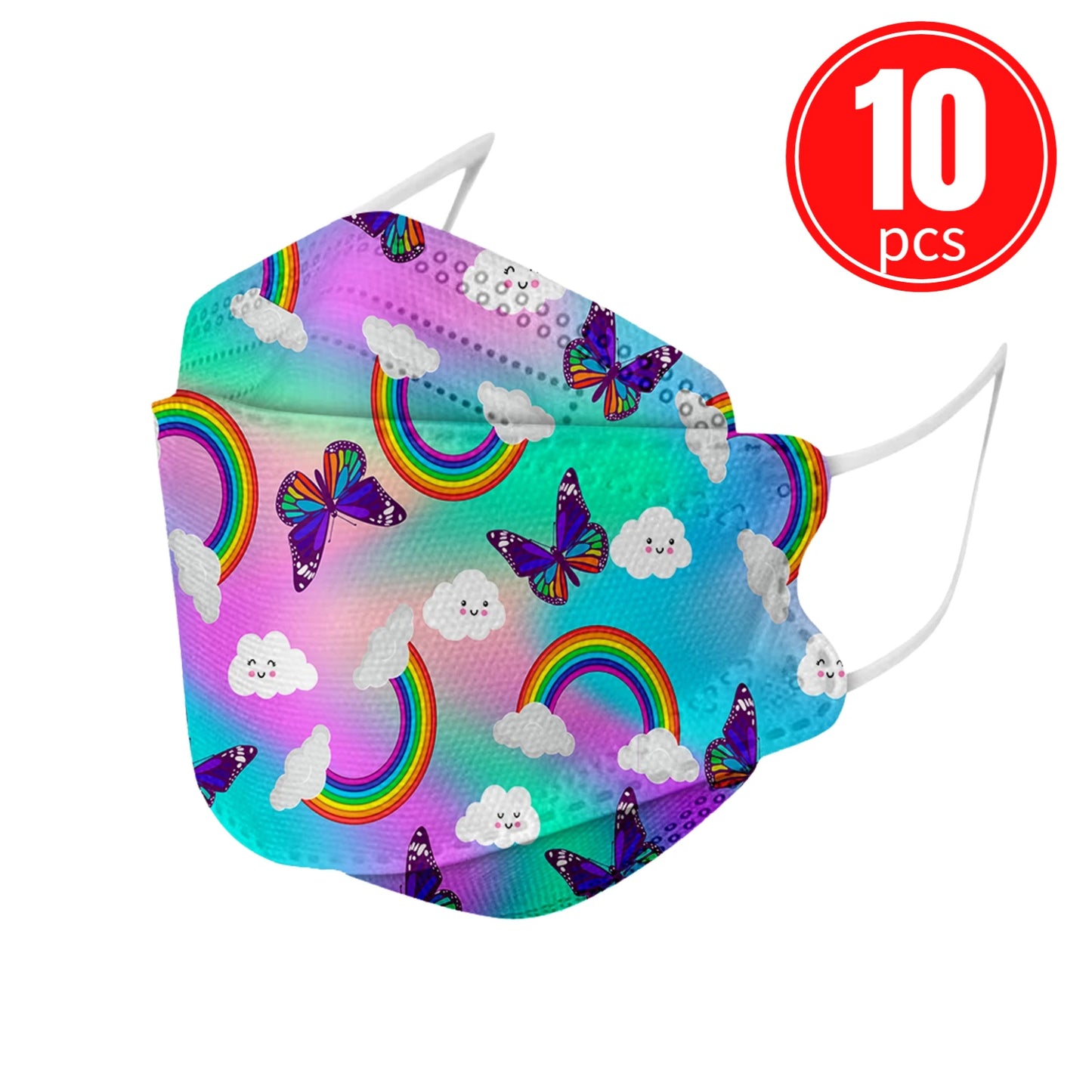 Colorful kids KN95 mask with rainbow and cloud print, featuring butterflies. Pack of 10 comfortable, eco-friendly masks for children.