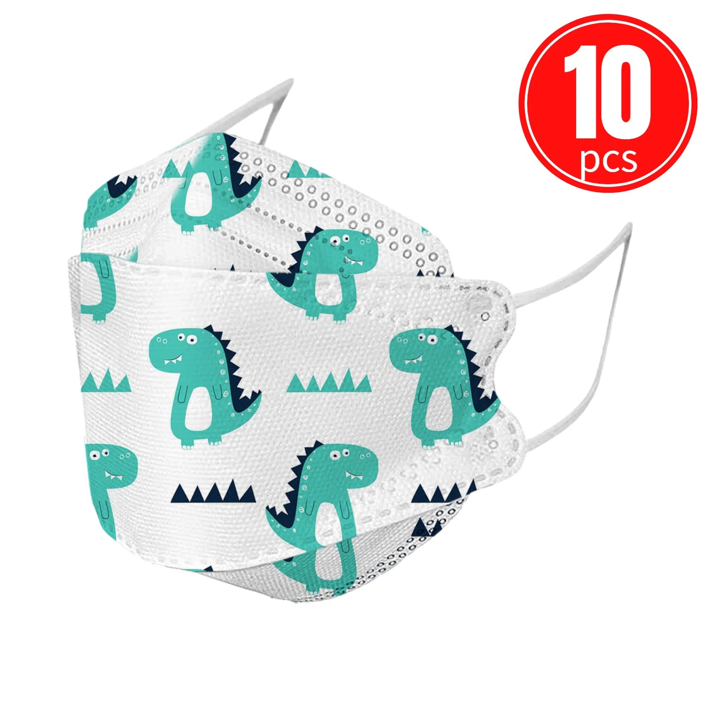 Kids KN95 mask with dinosaur print, pack of 10, eco-friendly and comfortable for children, colorful and effective filtration.