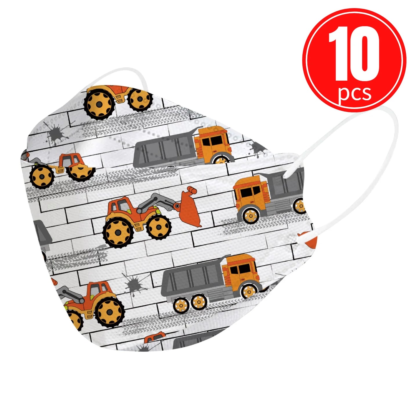 Kids KN95 mask with construction vehicle print, pack of 10, featuring colorful trucks and excavators for fun protection