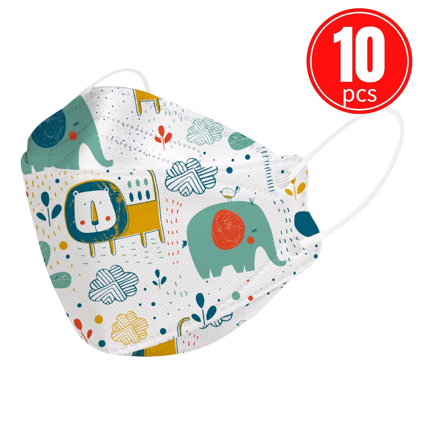 Kids KN95 mask with fun elephant and lion print, pack of 10, eco-friendly and comfortable design for children.