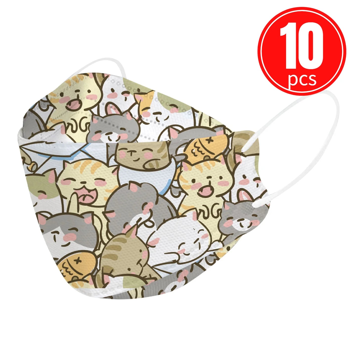 Kids KN95 mask with cute cartoon cat print, 10 pack, colorful and comfortable for children, eco-friendly materials.