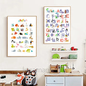Modern Ukrainian alphabet poster with cartoon animals in a cozy room setting for educational and decorative purposes.