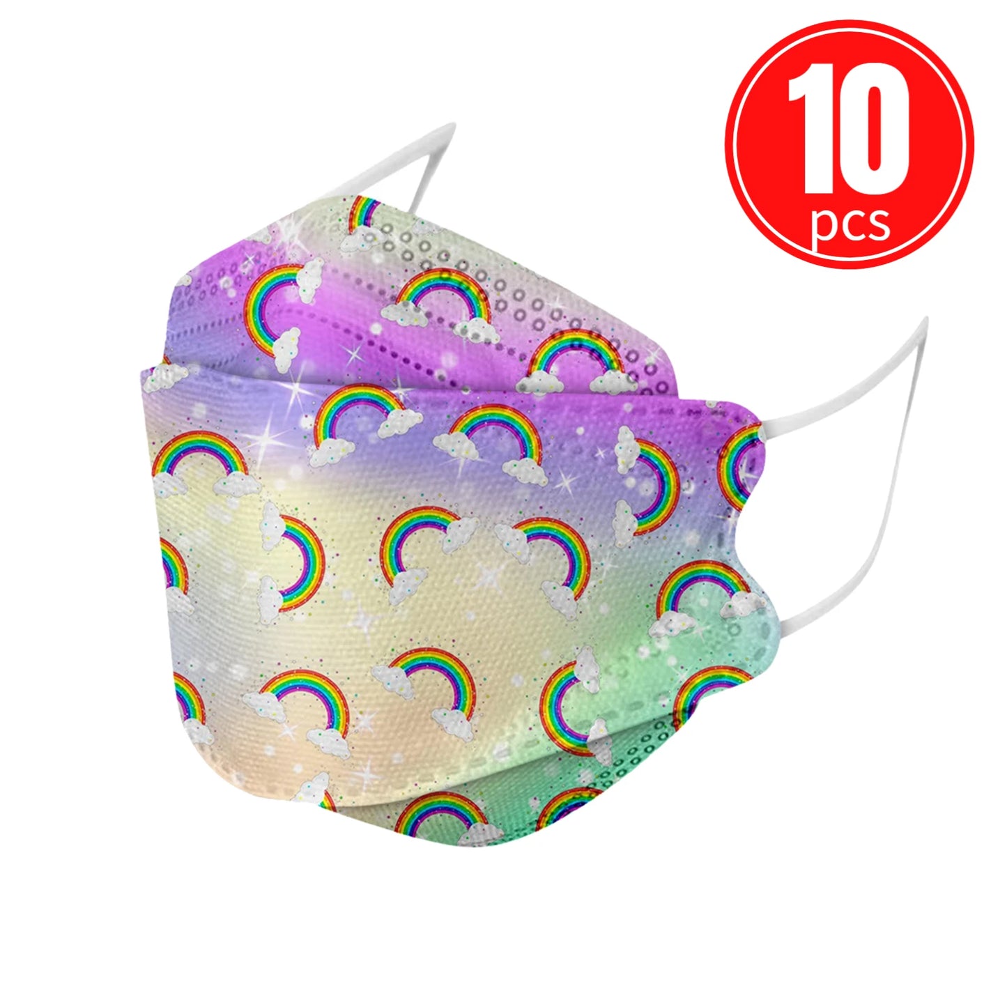 Colorful kids KN95 masks with rainbow prints, pack of 10, comfortable and eco-friendly design for effective protection.