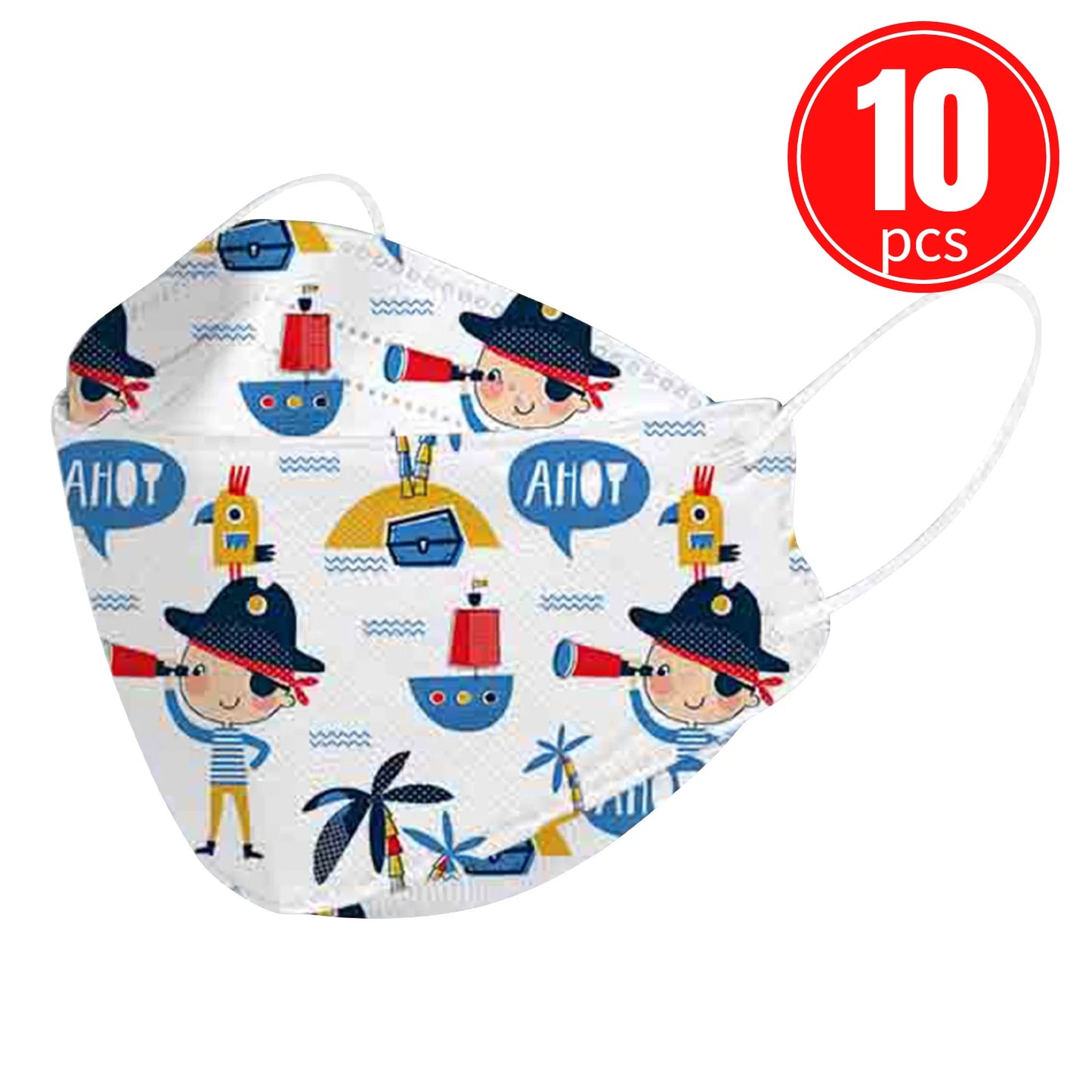 Kids KN95 mask with pirate-themed design, featuring ships and sailors, pack of 10.