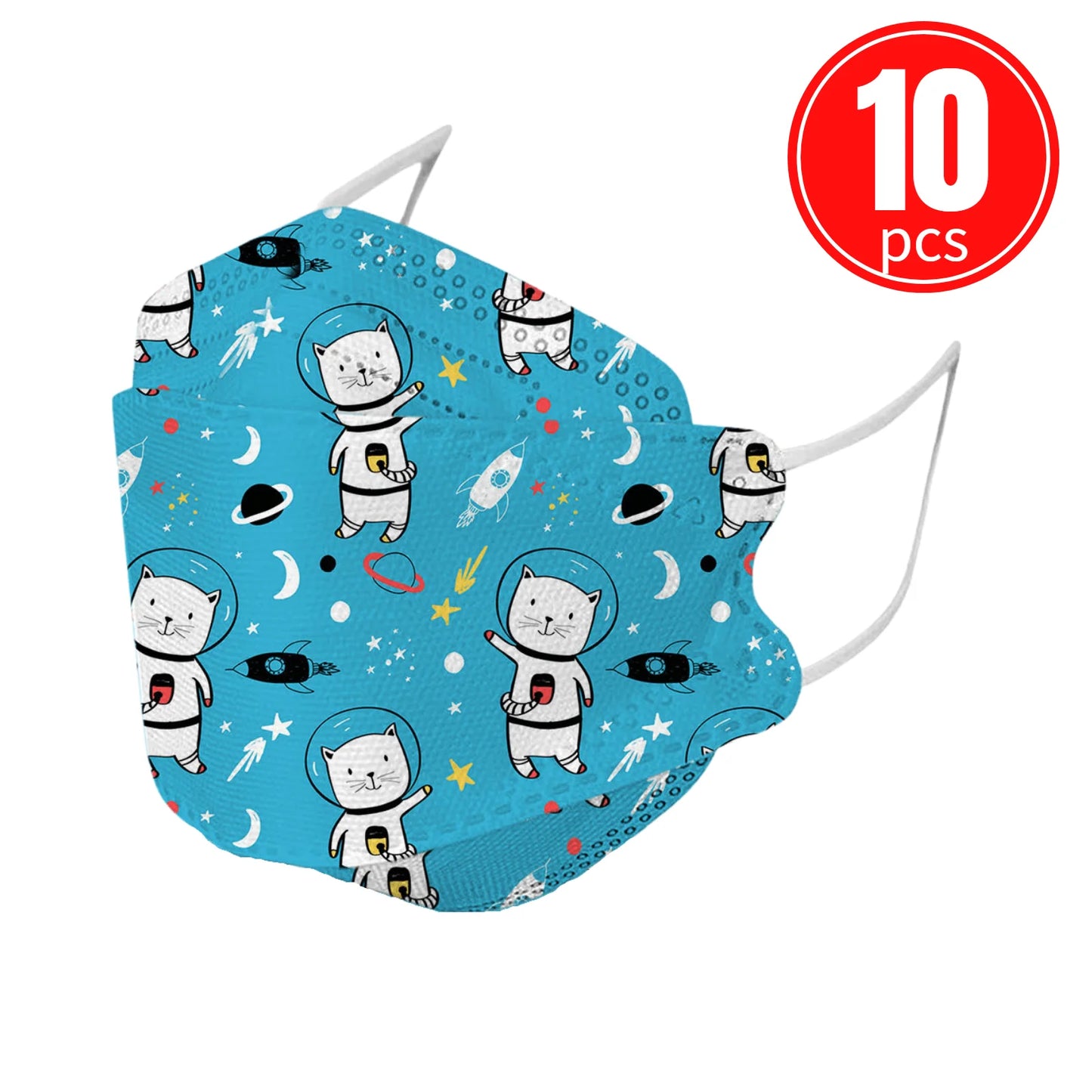 Kids KN95 mask with cute astronaut cat and space print, pack of 10, blue background, comfortable and eco-friendly design.