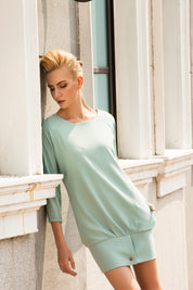 Mint Fraiche Relaxed Street Dress with sleeve gathering and side snap-button slit, offering an airy, oversized silhouette and street-style flair.