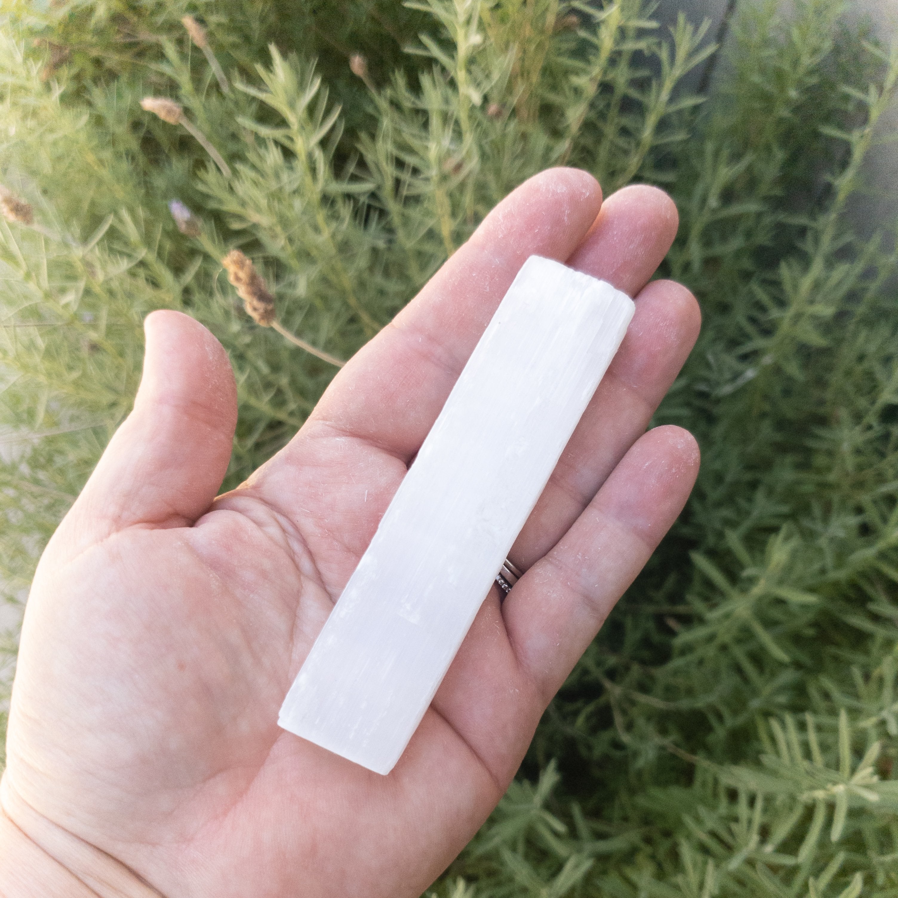 Hand holding a raw selenite stick for energy clearing and crystal recharging, ideal for promoting clarity and peace.
