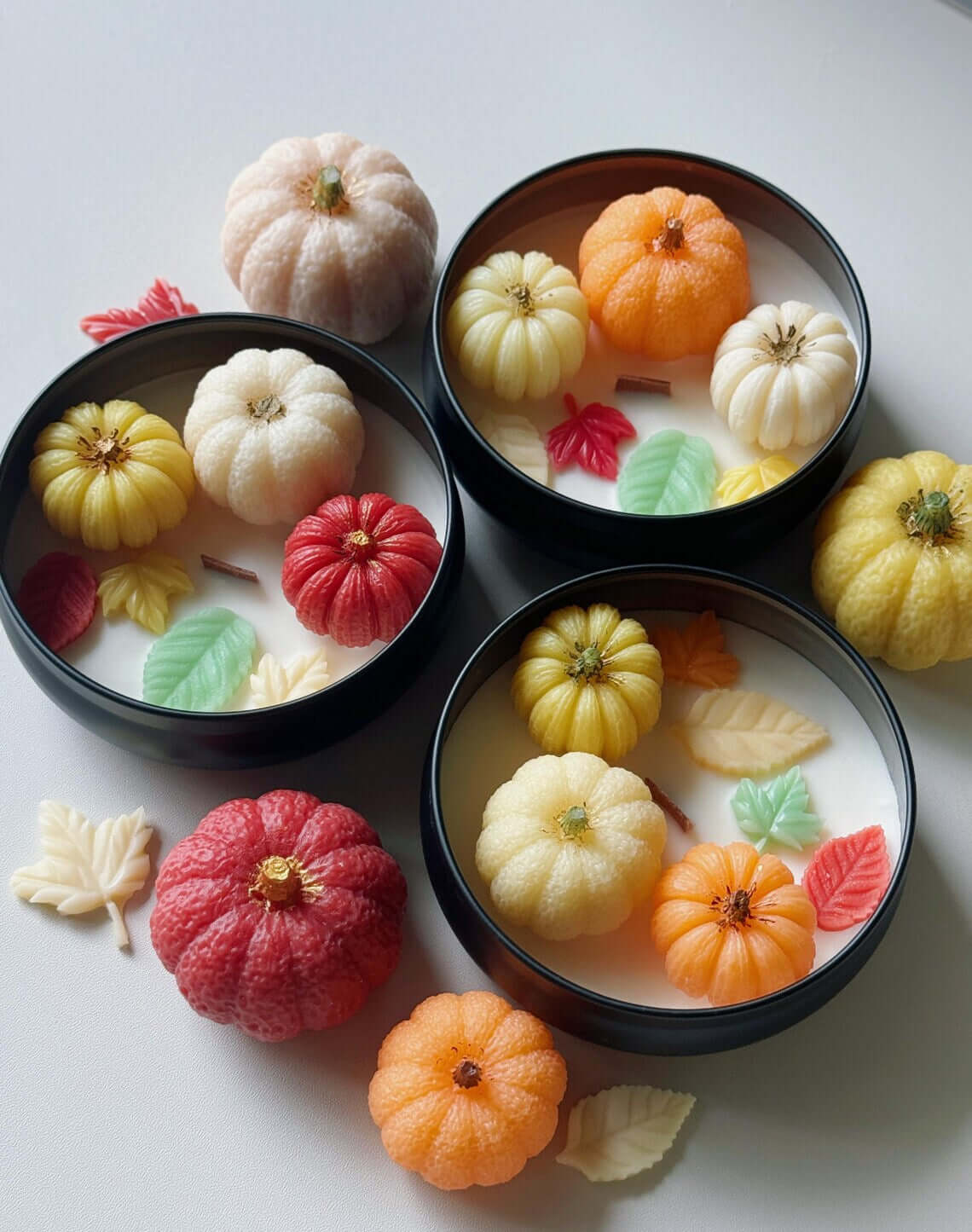 Artisan pumpkin candles in tins with colorful leaves, perfect for fall ambiance and gifts, showcasing wooden wick and soy wax.
