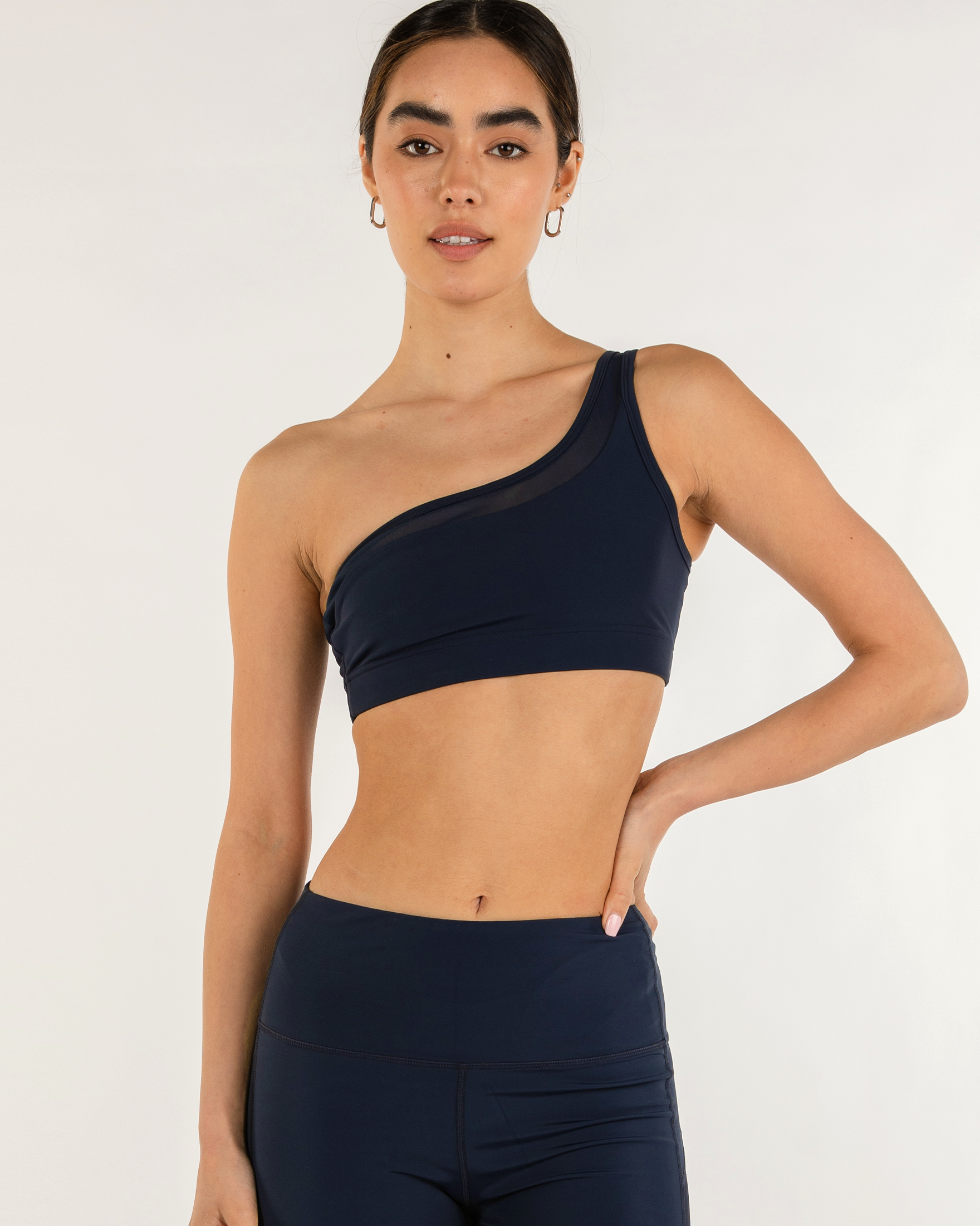 Narevia One-Shoulder Mesh Bra in navy, designed for support and style with Silkiflex™ fabric and sheer mesh inset for flow and statement.