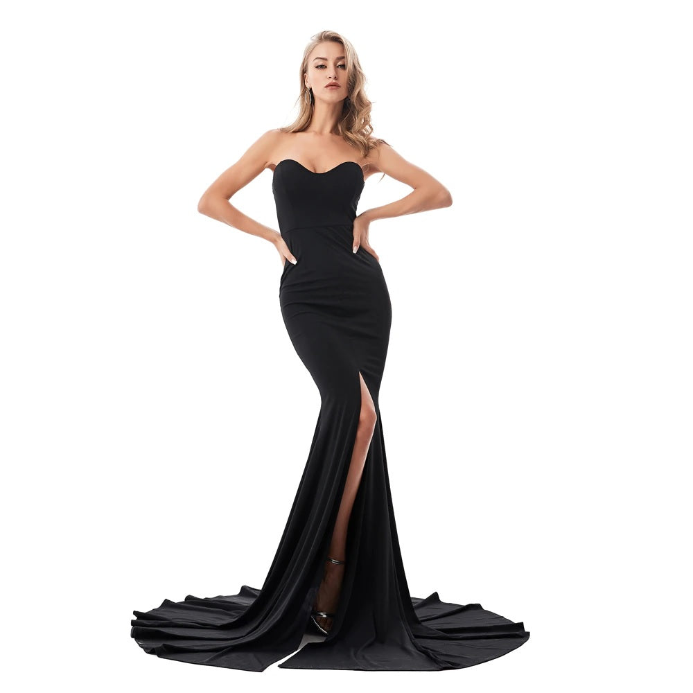 Ramira strapless mermaid gown in black with a fitted silhouette and flared hem, perfect for elegant occasions like galas or weddings.