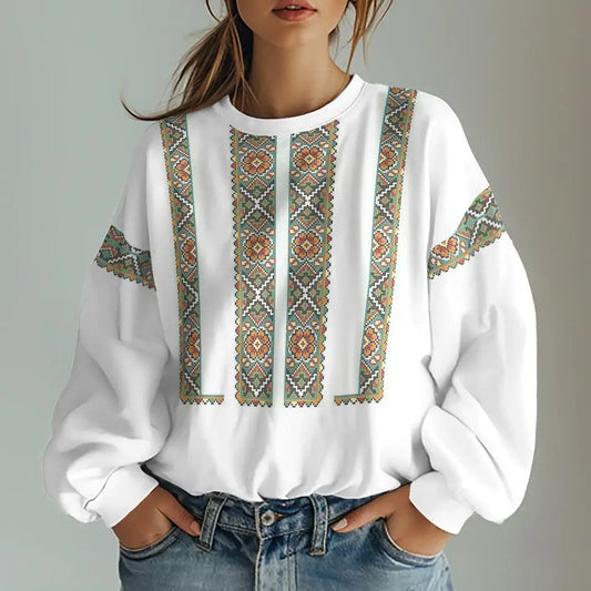 Ukrainian traditional vishivanka style women's sweatshirt with colorful embroidery, perfect for upgrading your wardrobe.