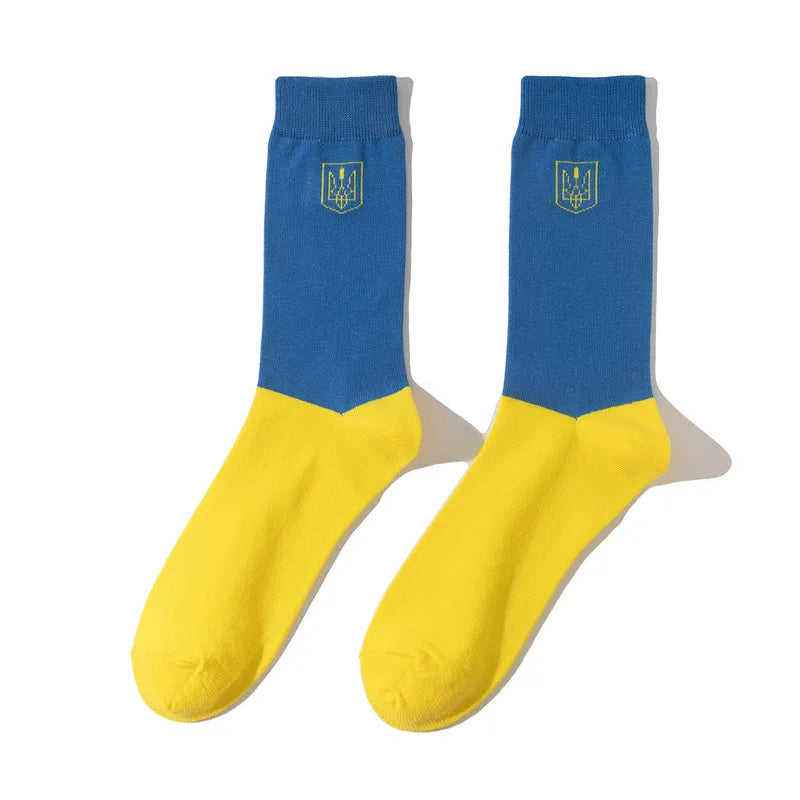 Blue and yellow socks featuring the Ukrainian flag design, symbolizing national pride and patriotism.