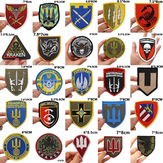 Assorted Ukraine Tactical Embroidery Patches with military designs, featuring hook or iron backing. Perfect for backpacks and clothing.