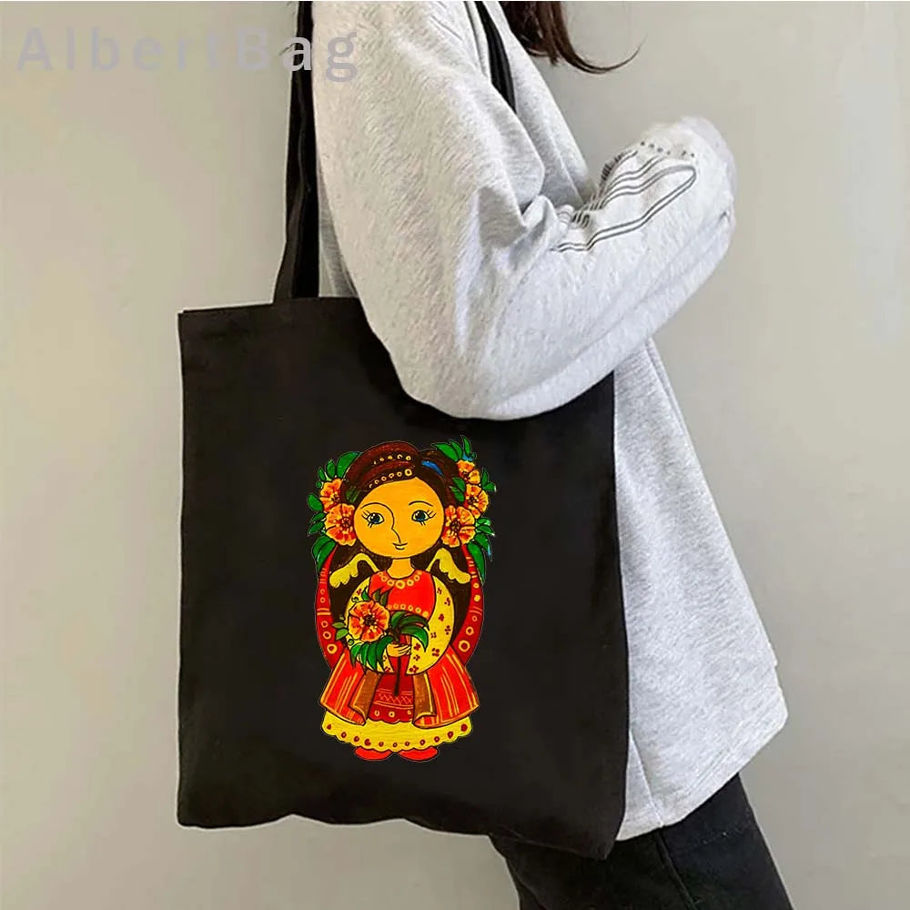 Ukrainian patriotic grocery tote bag with colorful traditional design, lightweight and eco-friendly cotton fabric.