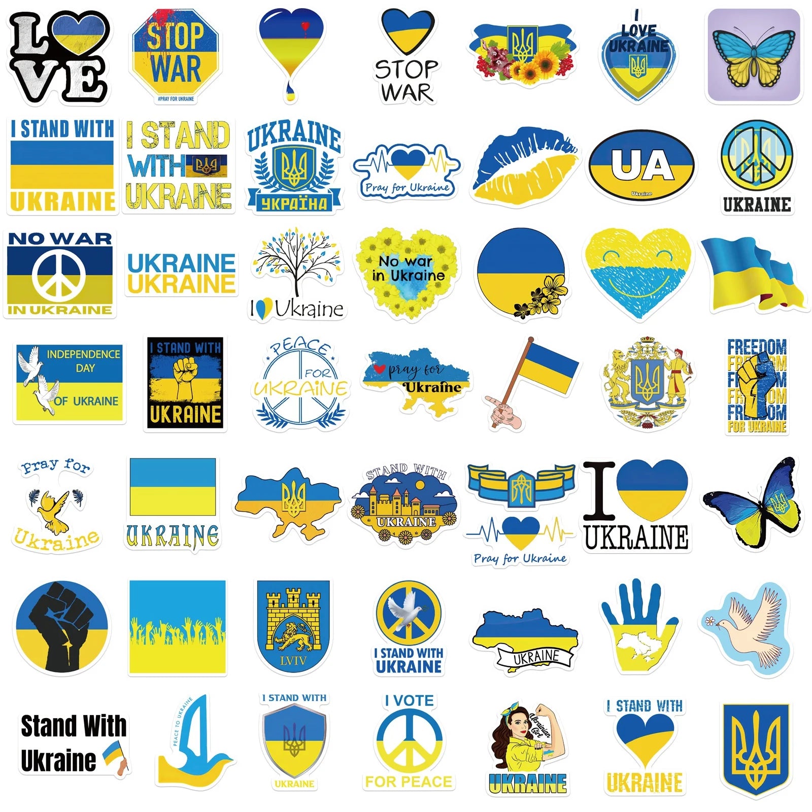 Ukraine flag stickers pack with peace and love designs for laptops and water bottles, promoting Ukrainian pride.