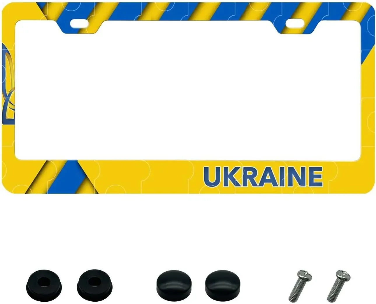 Ukraine license plate frame with blue and yellow design and accessories, rust-resistant aluminum for 12x6 plates.